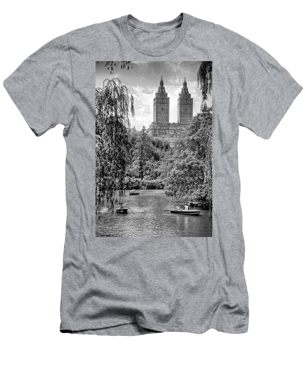 Central Park New York City Black White Boating Leisure Gray Grays Water Stone Cityscape Trees Photography T-Shirt featuring the photograph Central Park by Paul Watkins