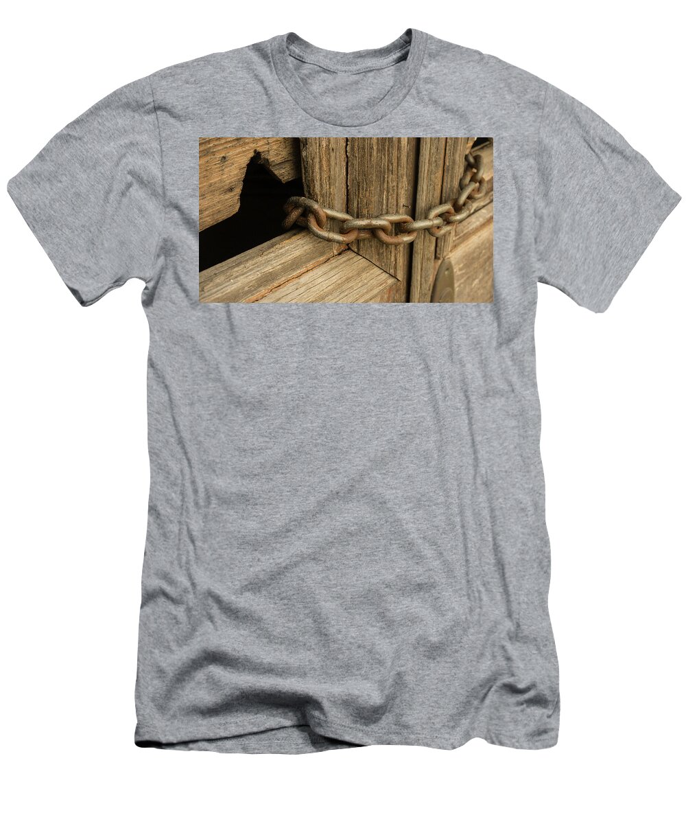 Vanishing Texas T-Shirt featuring the photograph Chained Wooden Door by Trace Ready