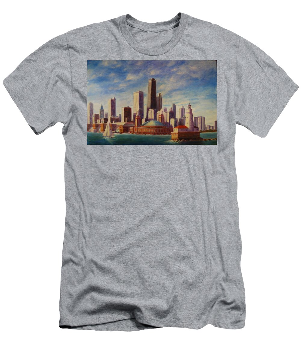 Navy Pier T-Shirt featuring the painting Chicago Skyline by Will Germino