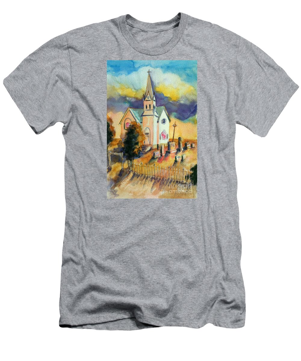 Paintings T-Shirt featuring the painting Country Church at Sunset by Kathy Braud