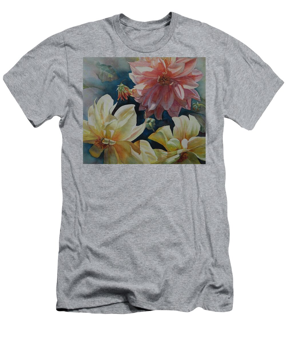 Flowers T-Shirt featuring the painting Cynthia's Dahlias by Ruth Kamenev