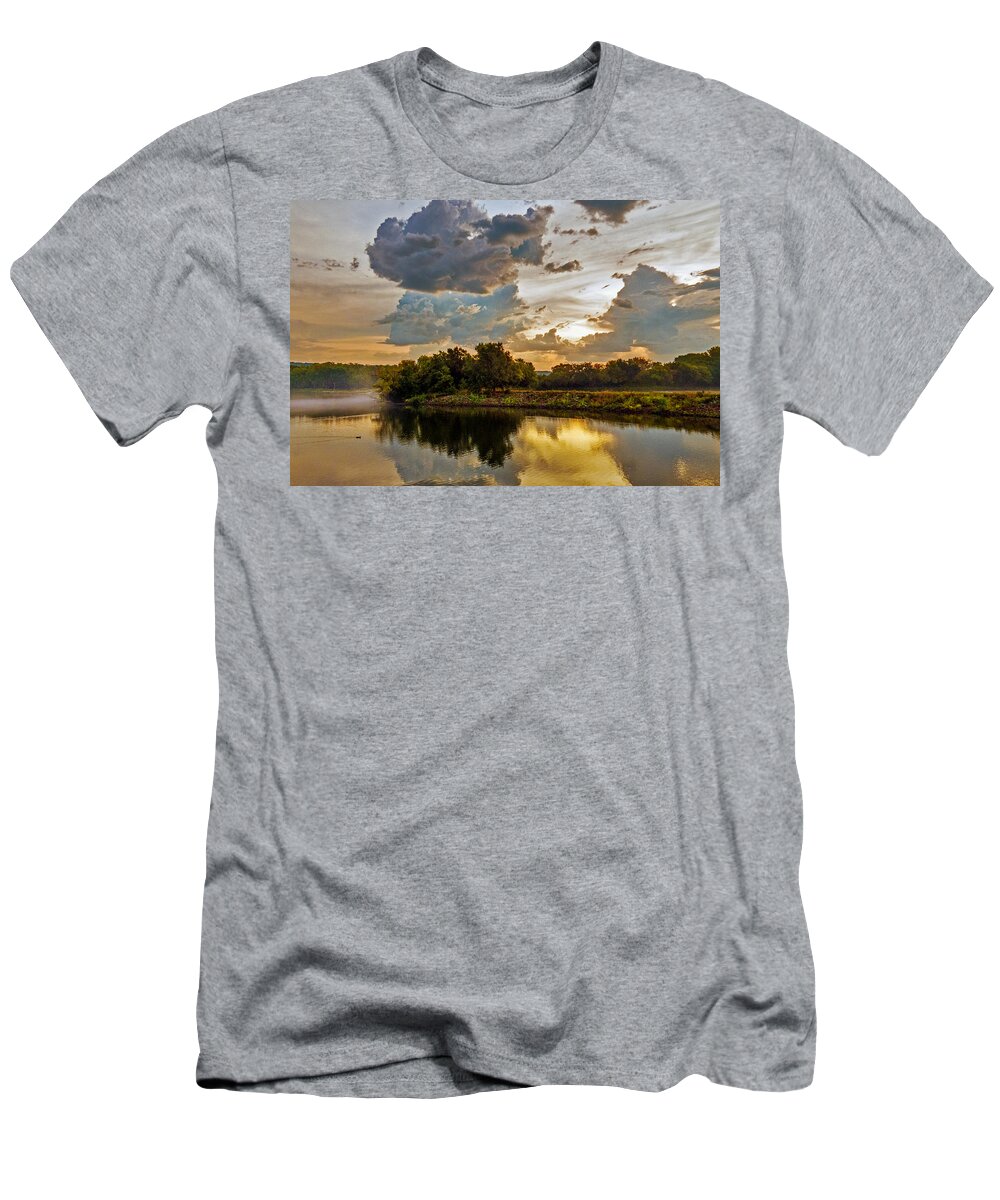 Rochester Minnesota Silver Lake Water Reflection Reflect Lake River Stream Sun Sunset Sunrise Sky Clouds Bright Light Shadow Colors Park City Landscape T-Shirt featuring the photograph Daybreak by Tom Gort