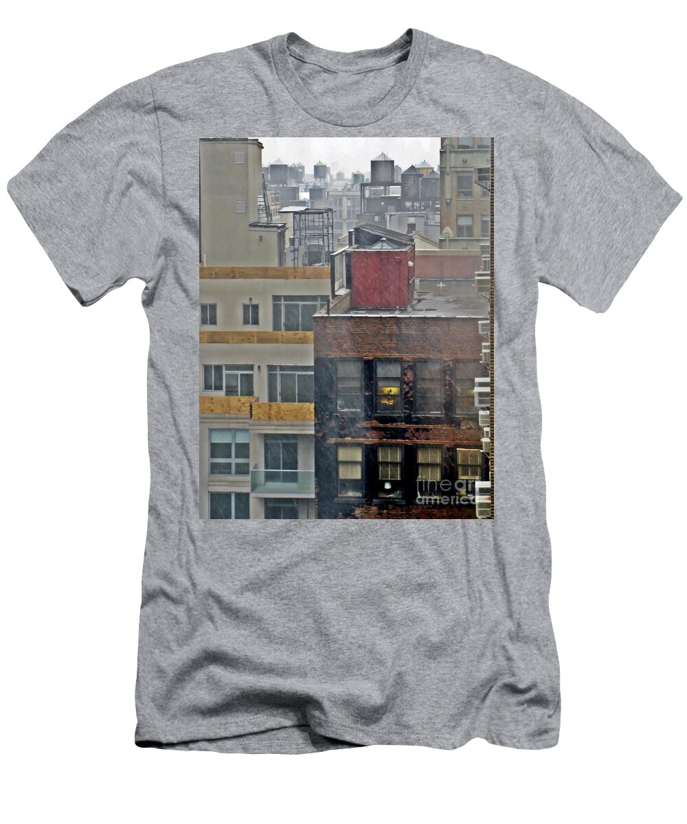 Water Tower T-Shirt featuring the photograph Desk Lamp Through Lit Window by Lilliana Mendez