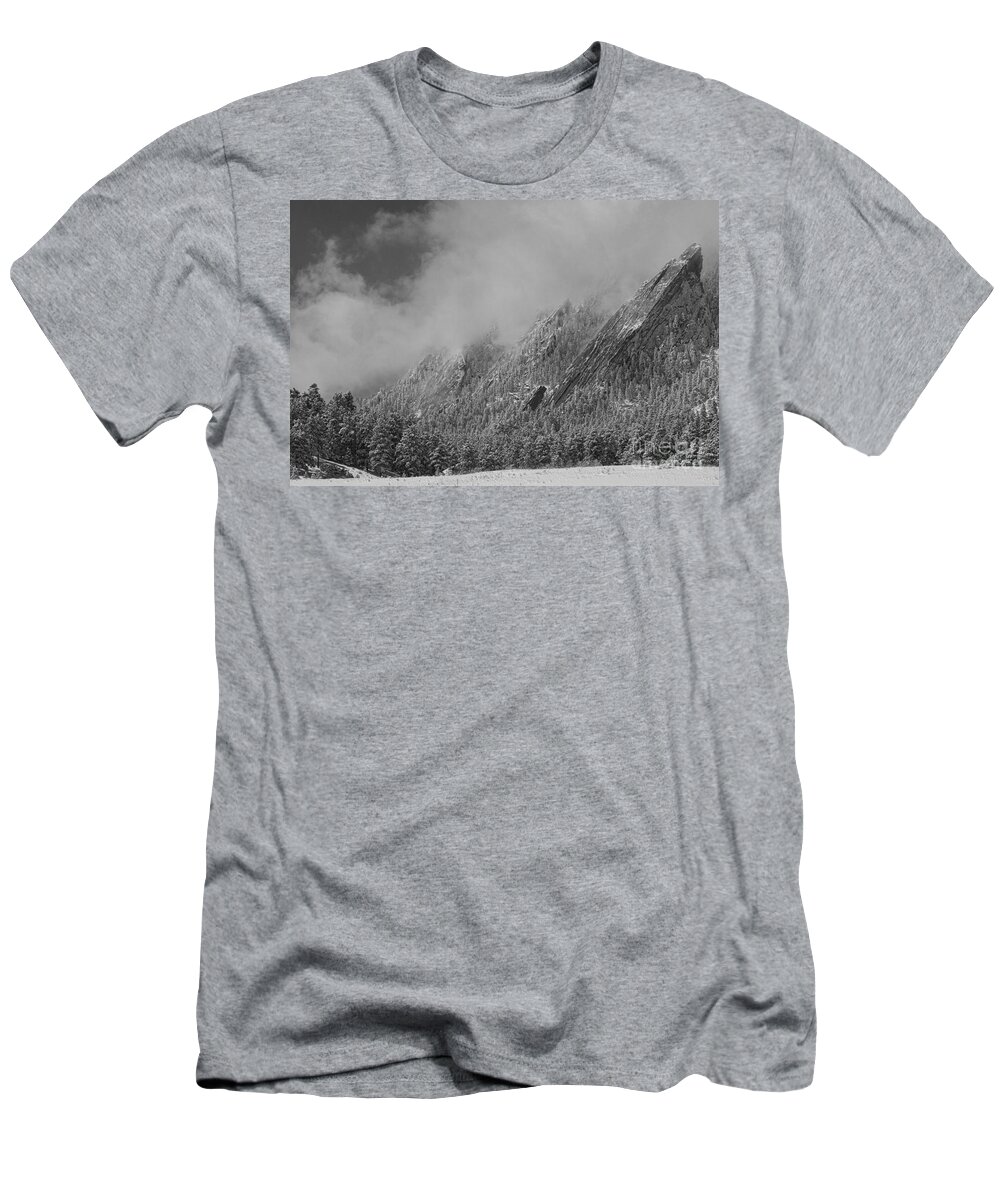 Flatirons T-Shirt featuring the photograph Dusted Flatirons Low Clouds Boulder Colorado BW by James BO Insogna