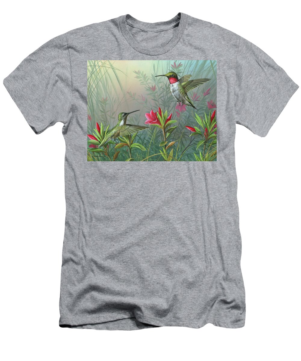 Humming Birds T-Shirt featuring the painting Elegance by Mike Brown