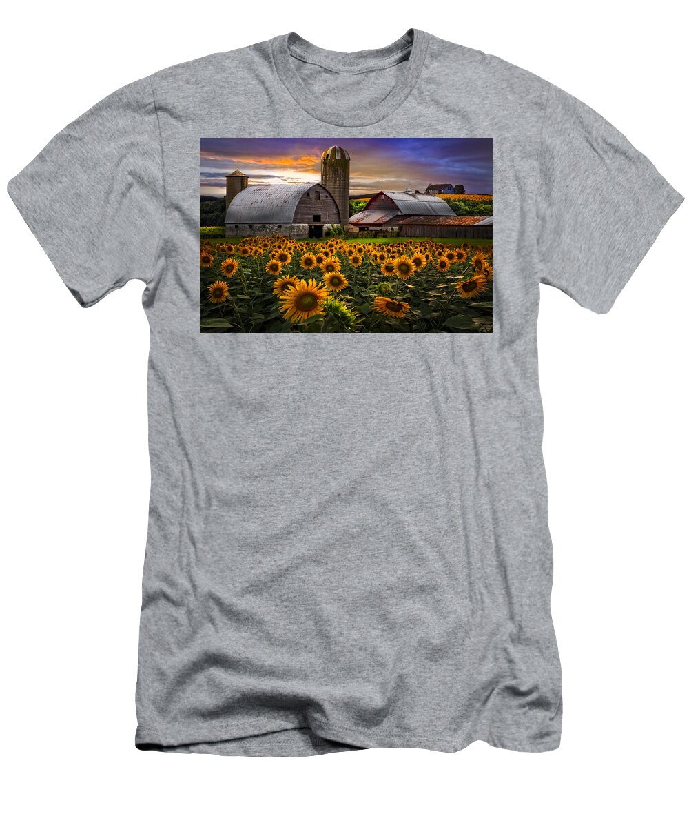 Barn T-Shirt featuring the photograph Evening Sunflowers by Debra and Dave Vanderlaan