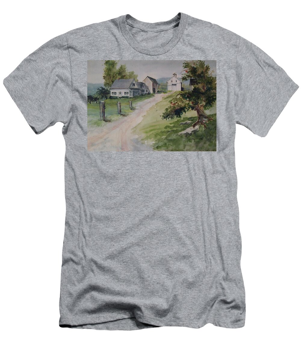New England T-Shirt featuring the painting Farm on Orchard Hill by Joy Nichols