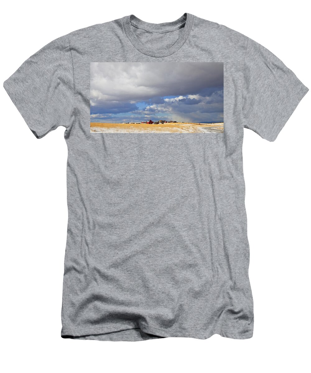 Farm T-Shirt featuring the photograph First Snow On Storybook Farm by Theresa Tahara