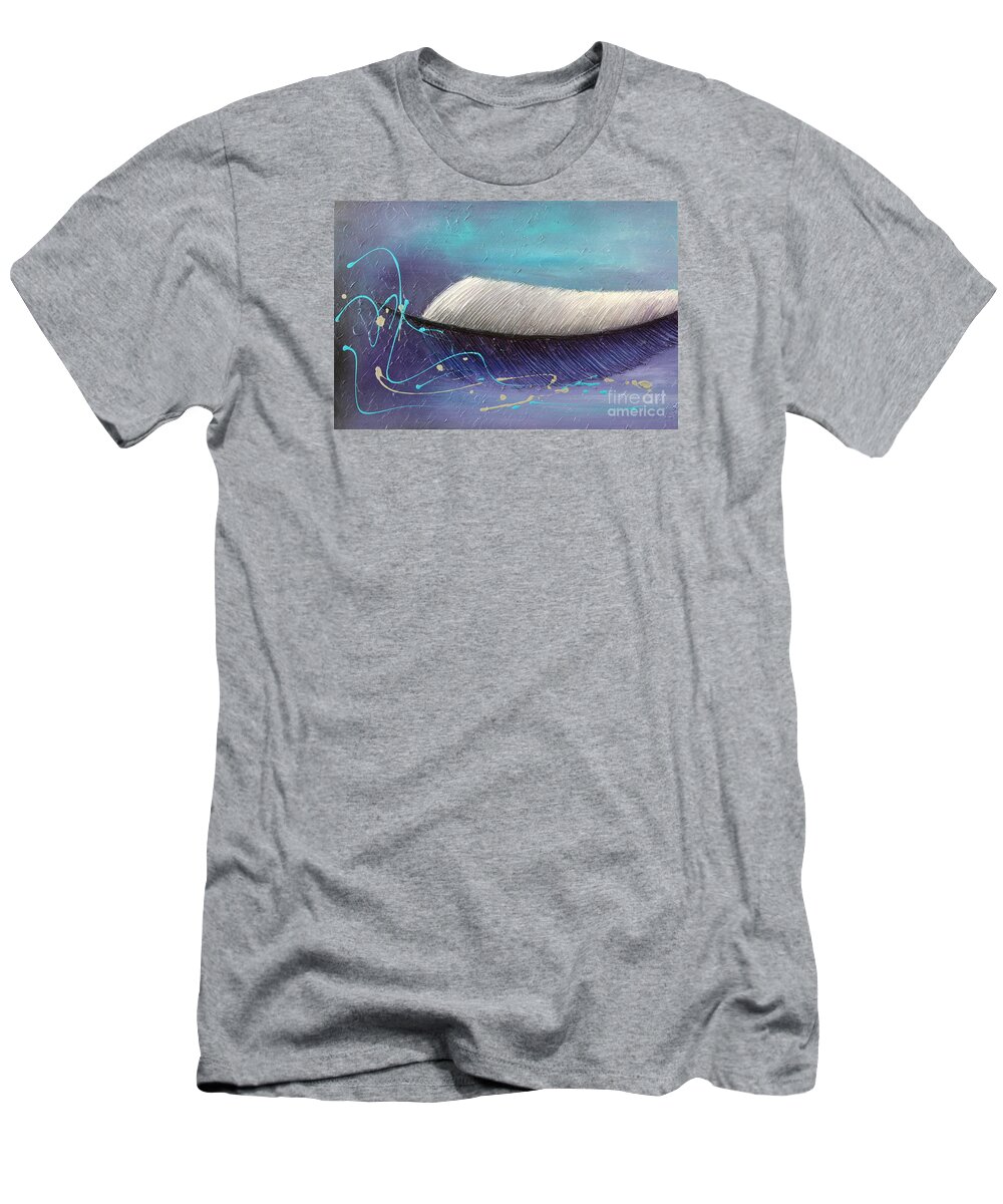 Gray And Blue Art T-Shirt featuring the painting Fly Away by Preethi Mathialagan