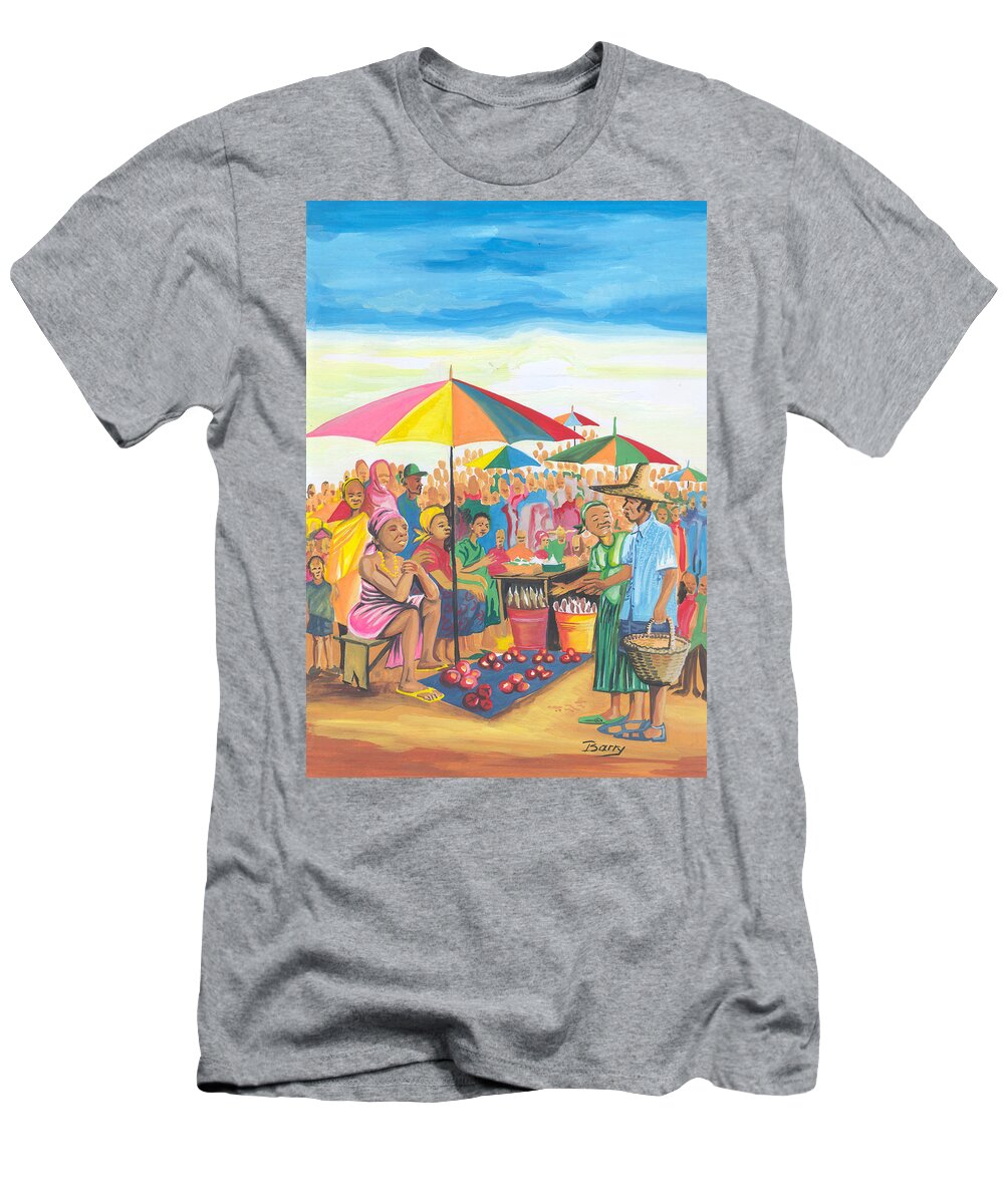 African Art T-Shirt featuring the painting Food Market in Cameroon by Emmanuel Baliyanga