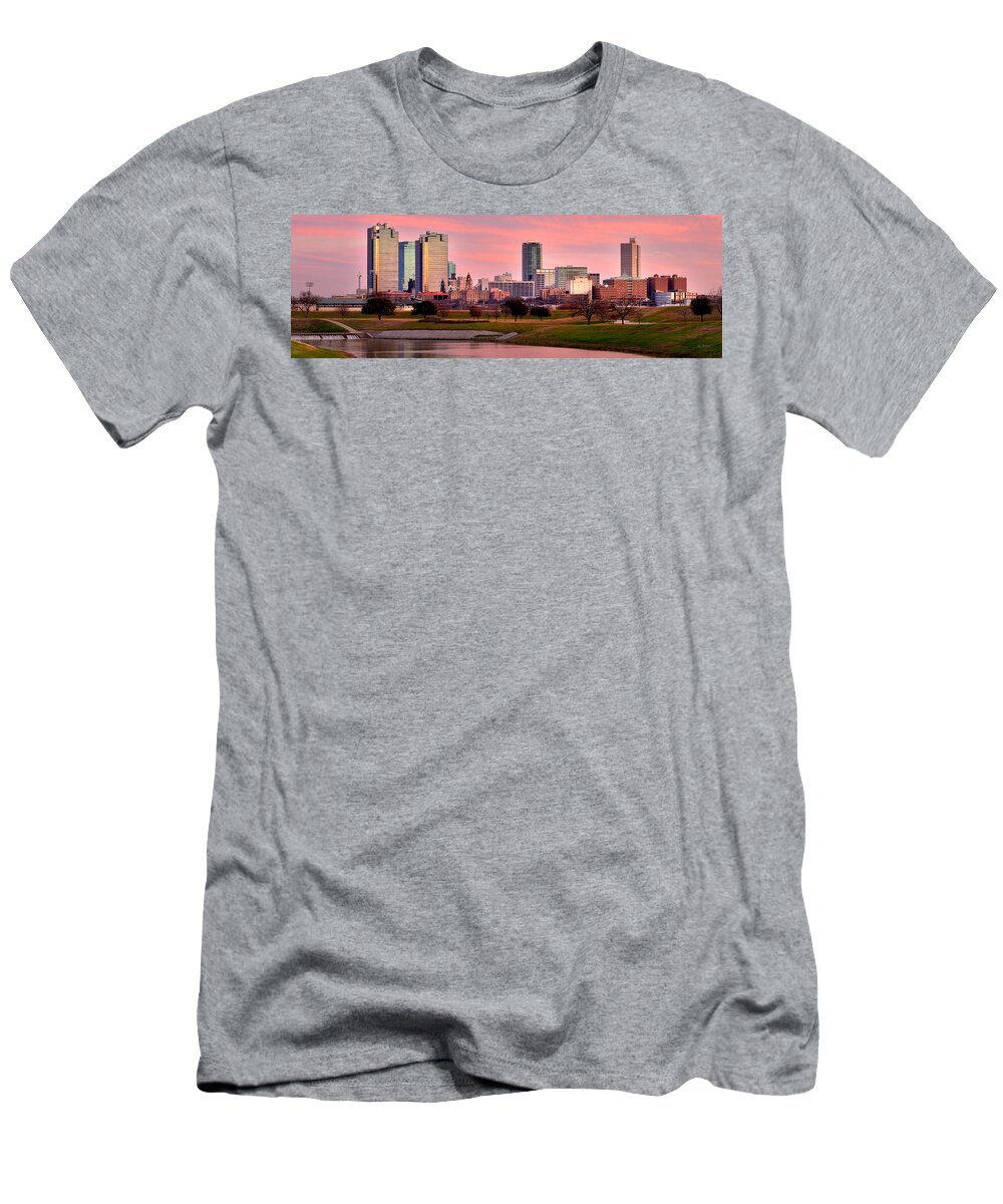 Fort Worth Skyline T-Shirt featuring the photograph Fort Worth Skyline at Dusk Evening Color Evening Panorama Ft Worth Texas by Jon Holiday