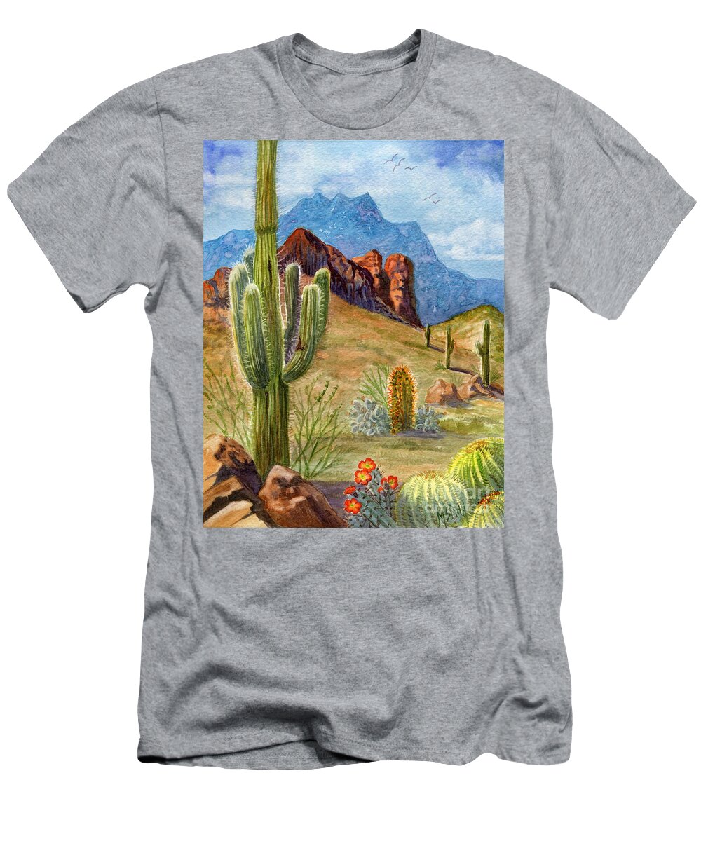 Desert T-Shirt featuring the painting Four Peaks Vista by Marilyn Smith