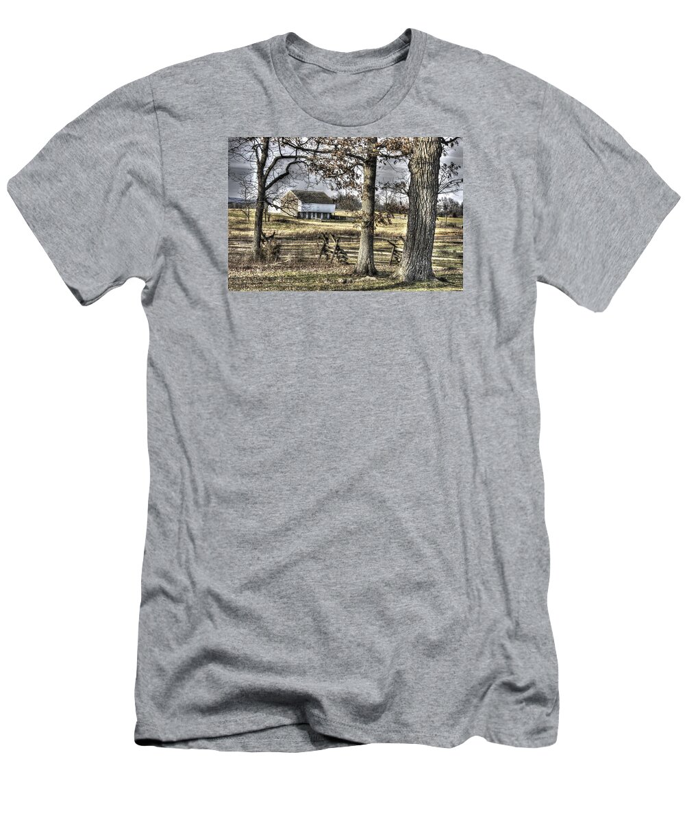 Gettysburg T-Shirt featuring the photograph Gettysburg at Rest - Winter Muted Edward Mc Pherson Farm by Michael Mazaika