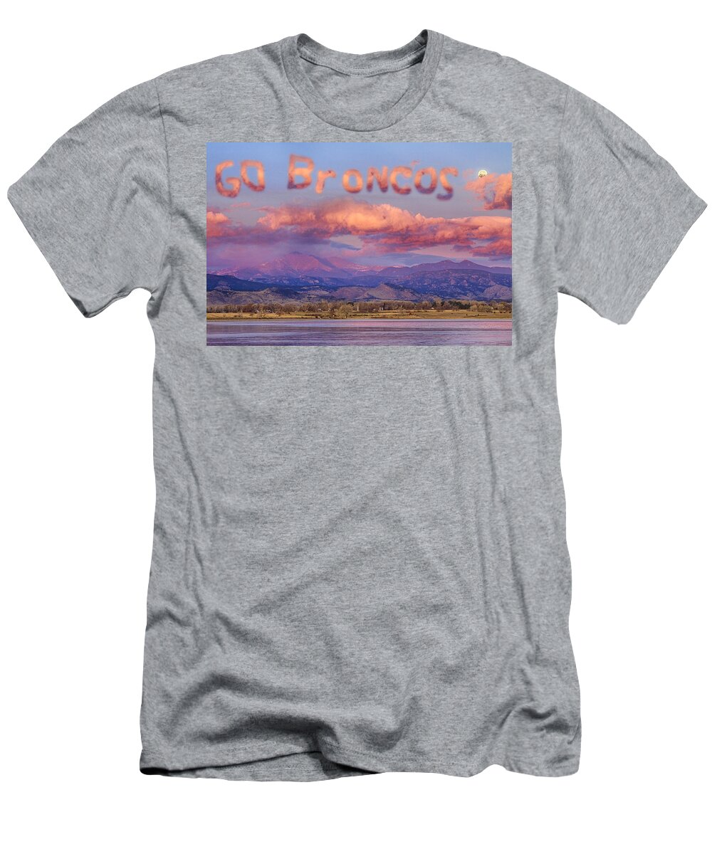 Go Broncos T-Shirt featuring the photograph Go Broncos Colorado Front Range Longs Moon Sunrise by James BO Insogna