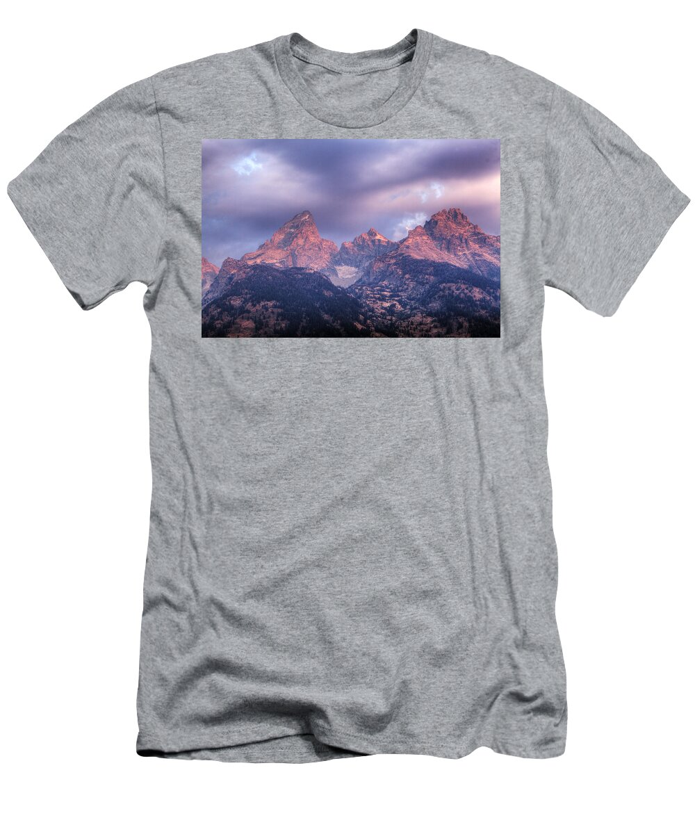 Mountains T-Shirt featuring the photograph Grand Teton in Morning Clouds by Alan Vance Ley