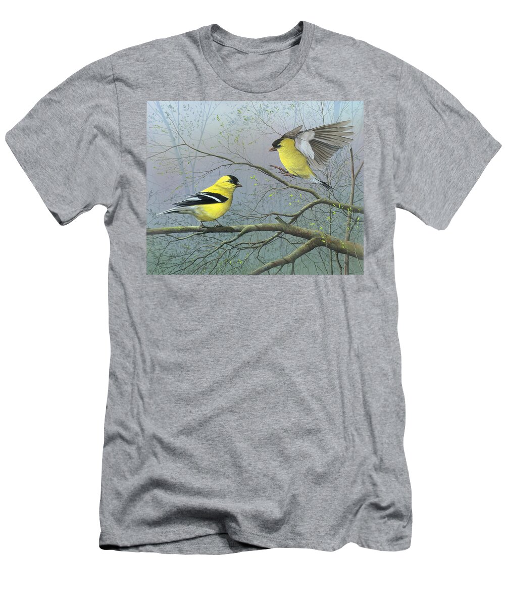 American Goldfinch T-Shirt featuring the painting Greetings My Friend by Mike Brown