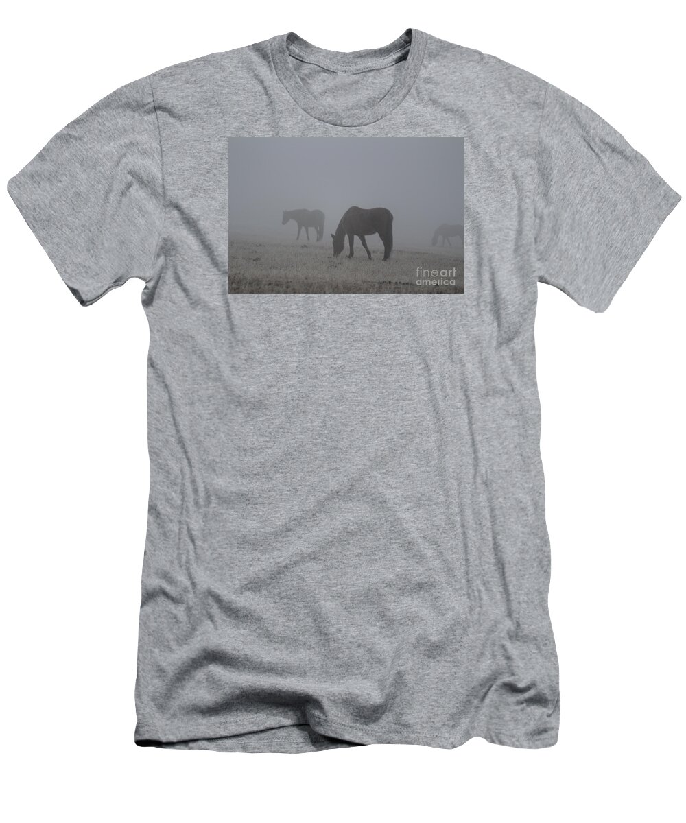 Horses T-Shirt featuring the photograph Horses in the Morning Fog by Ann E Robson