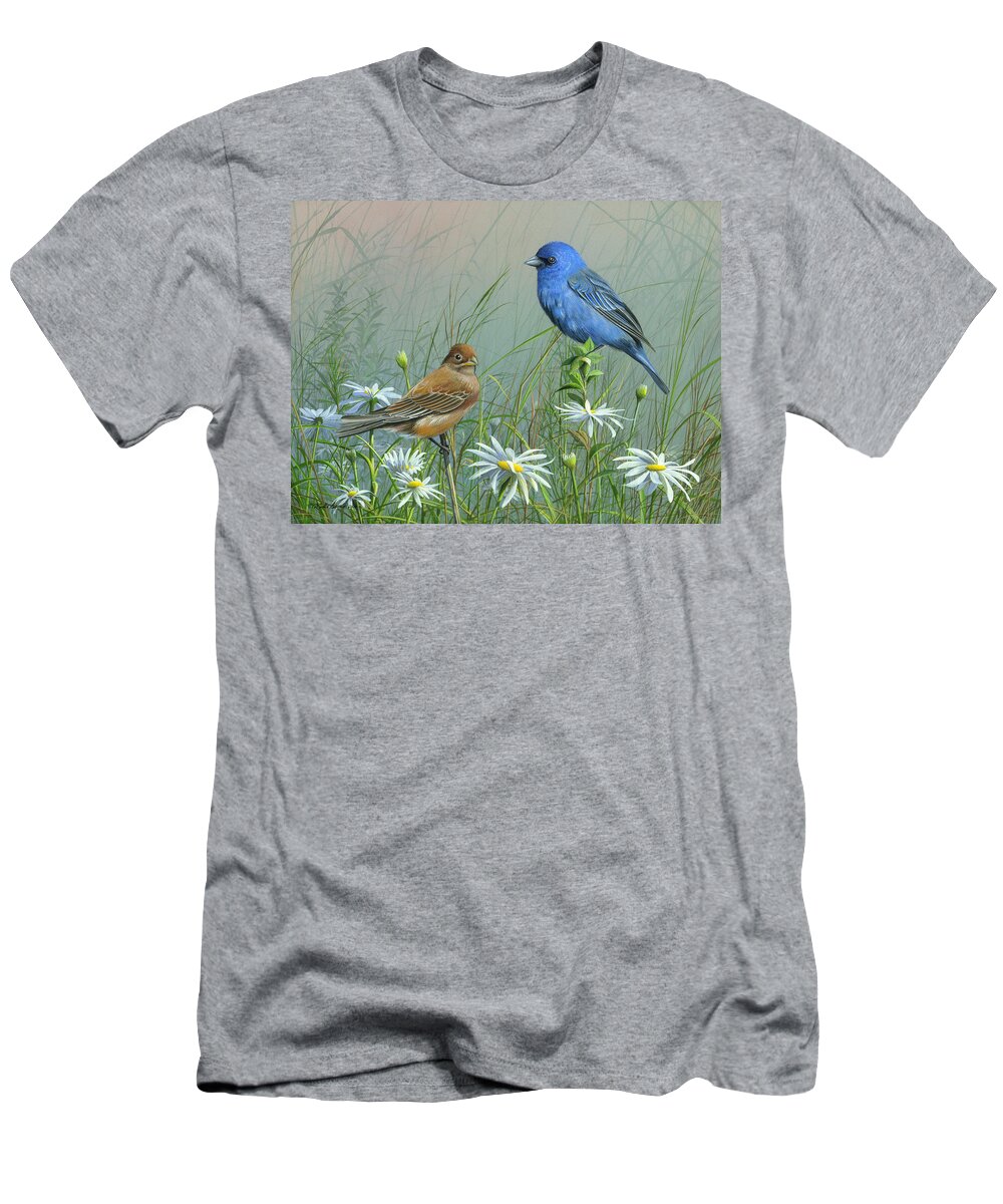Blue Birds T-Shirt featuring the painting Indigo Bunting by Mike Brown
