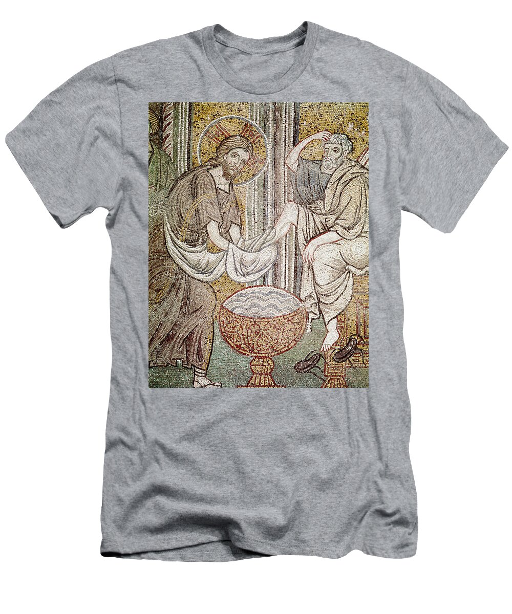 Jesus T-Shirt featuring the photograph Jesus And Saint Peter, Detail From Jesus Washing The Feet Of The Apostle Mosaic by Byzantine School
