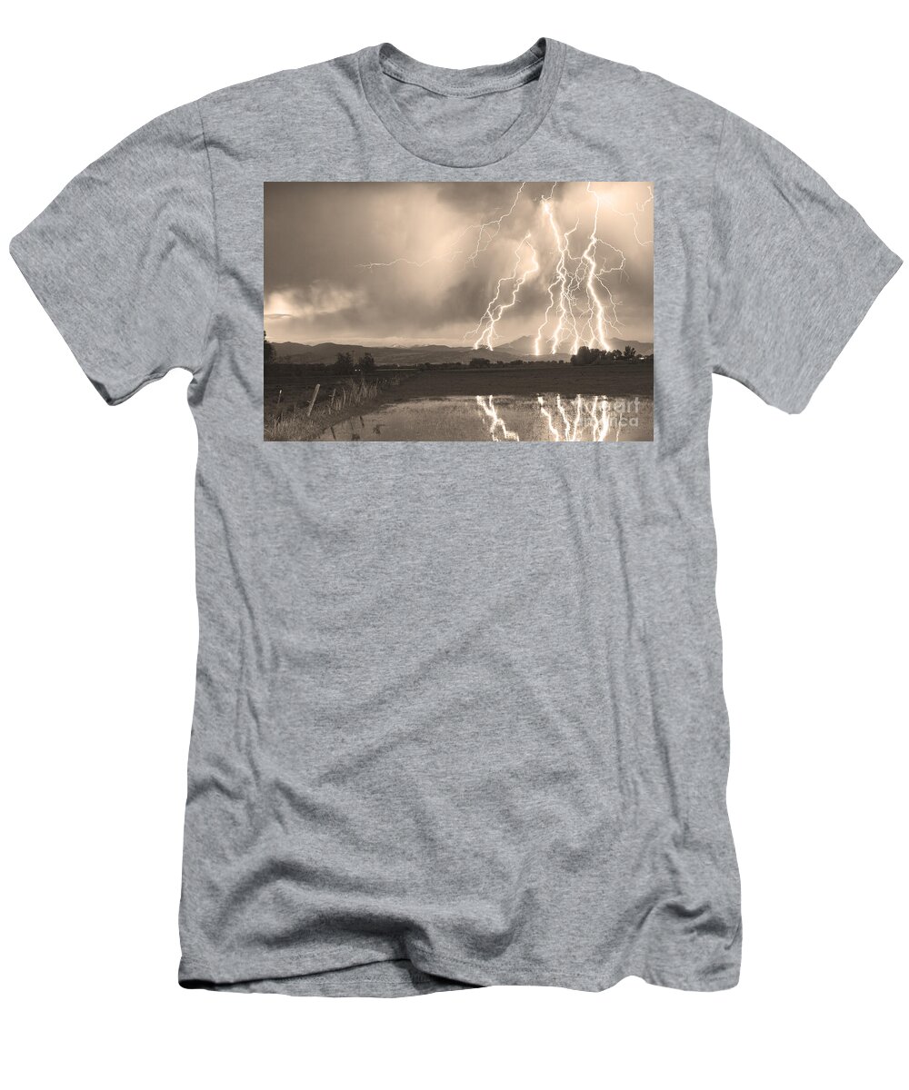 Lightning T-Shirt featuring the photograph Lightning Striking Longs Peak Foothills Sepia 4 by James BO Insogna