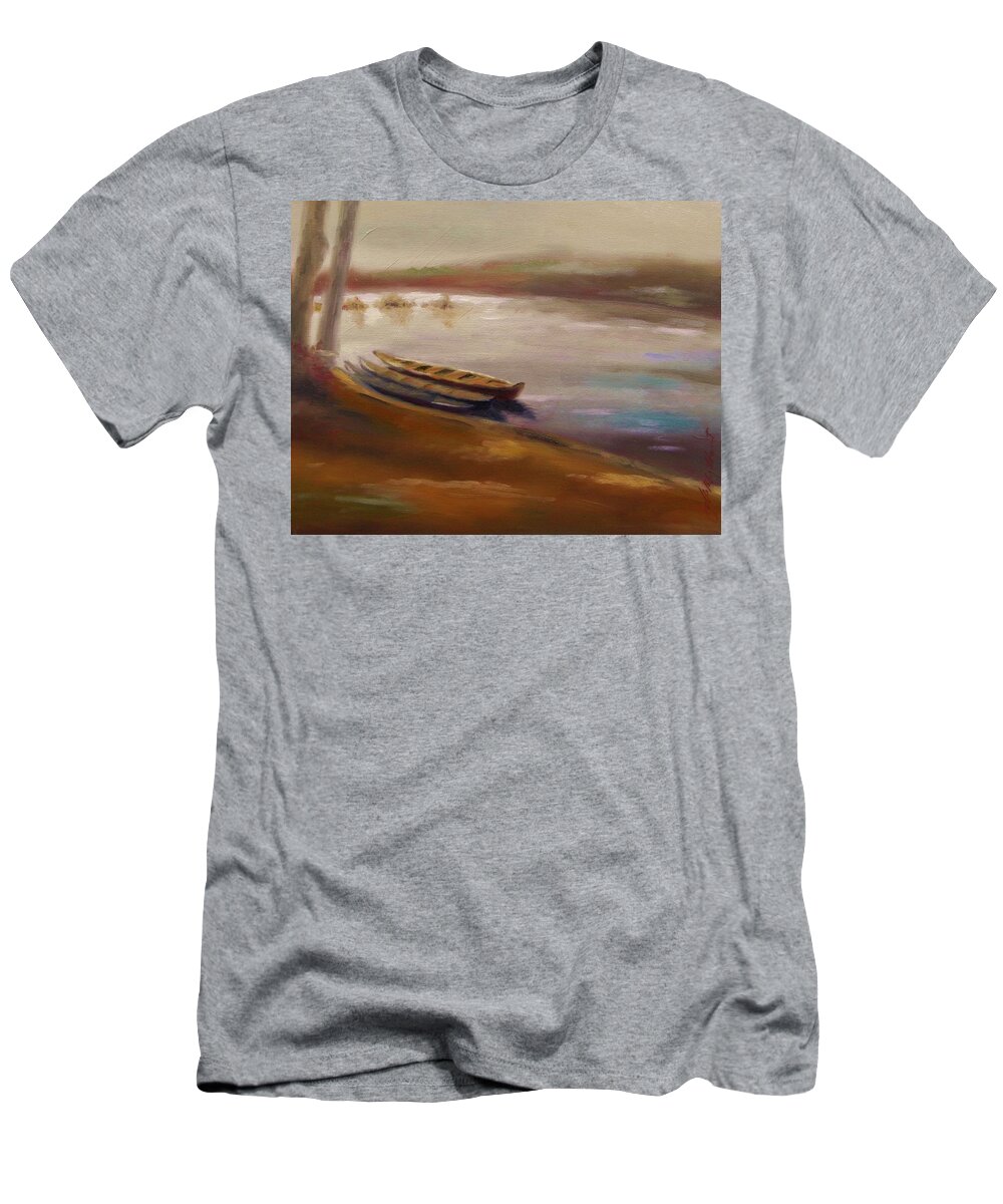 Longboats At The Crossings T-Shirt featuring the painting Long Boats at the Crossing by John Williams