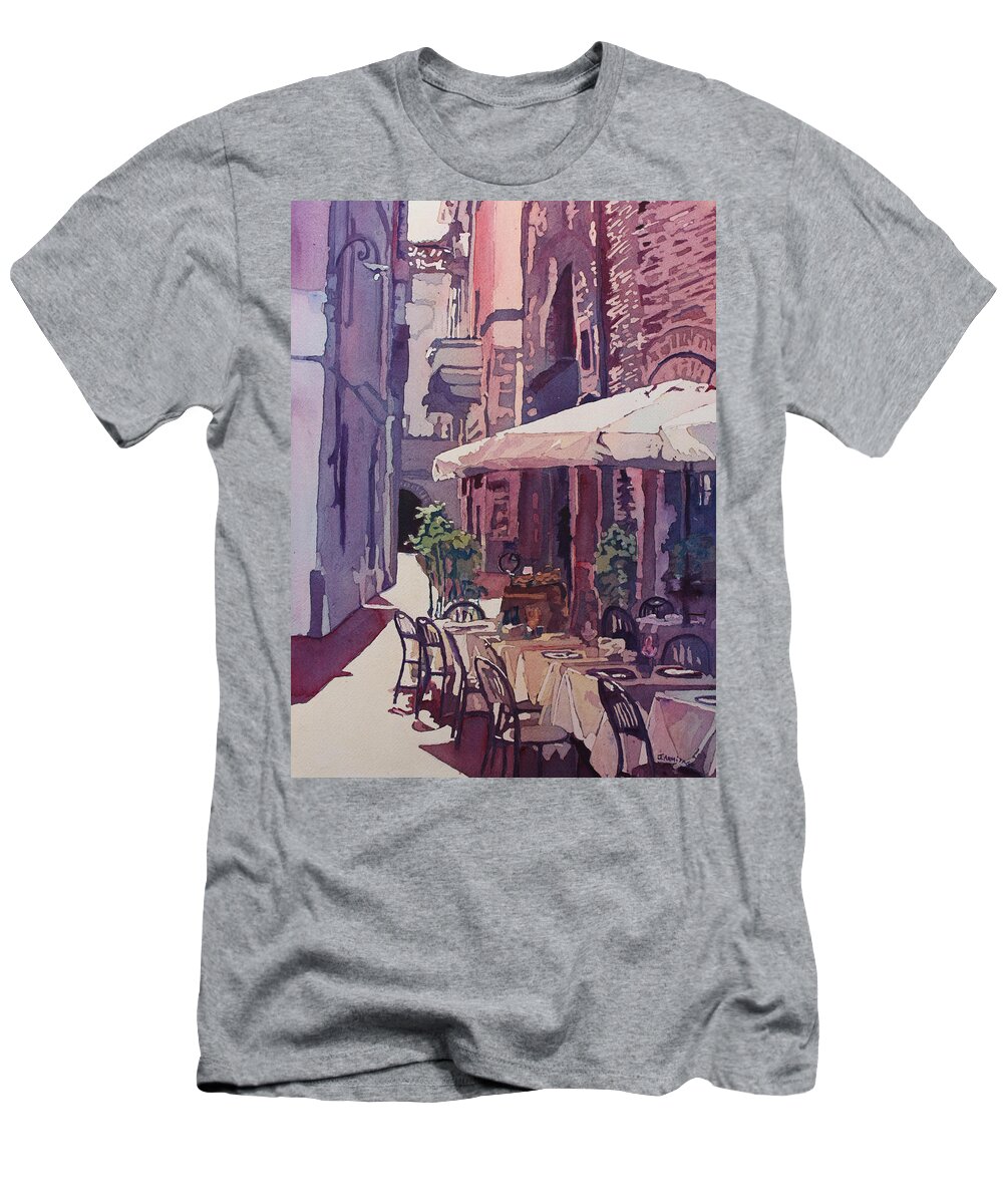 Lucca T-Shirt featuring the painting Lucca Cafe by Jenny Armitage