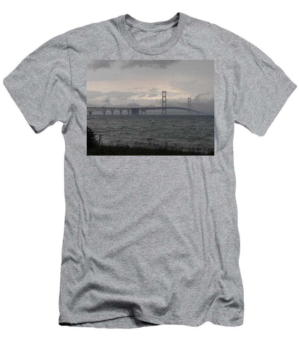 Michigan T-Shirt featuring the photograph Mackinac Bridge in the Rain by Keith Stokes