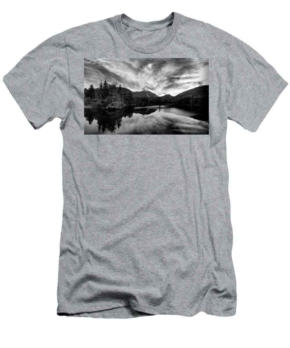 Mount Marcy T-Shirt featuring the photograph Marcy Dam Pond Black and White by Joshua House