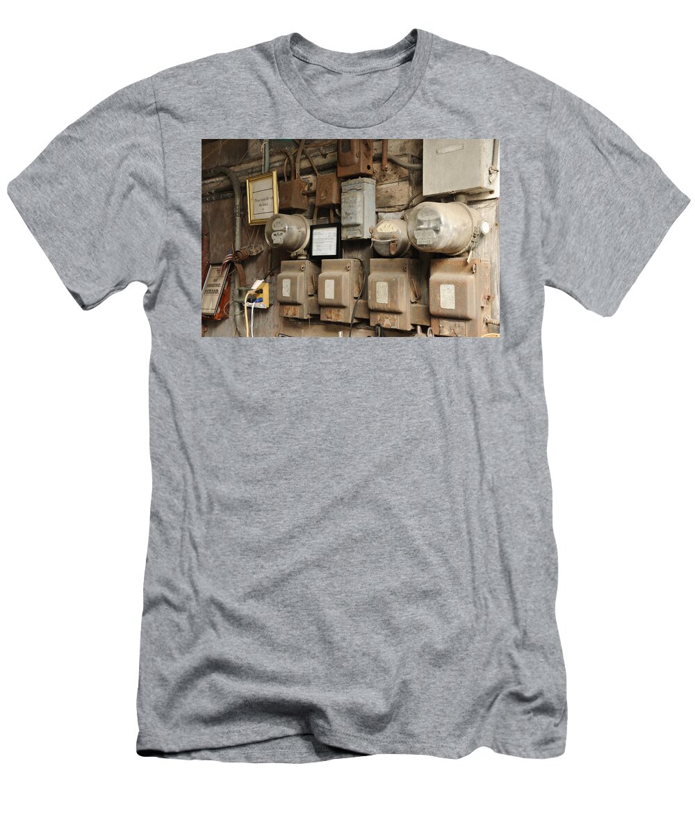 Electricity T-Shirt featuring the photograph Mind the Cat and Circuit Breakers by Bradford Martin