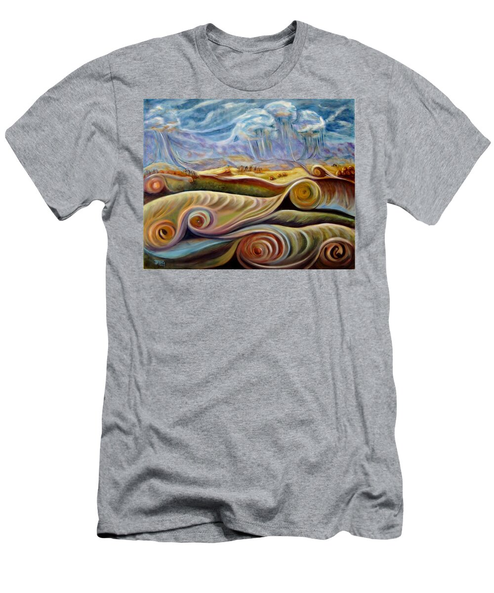 Curvismo T-Shirt featuring the painting Montana Hay field by Sherry Strong