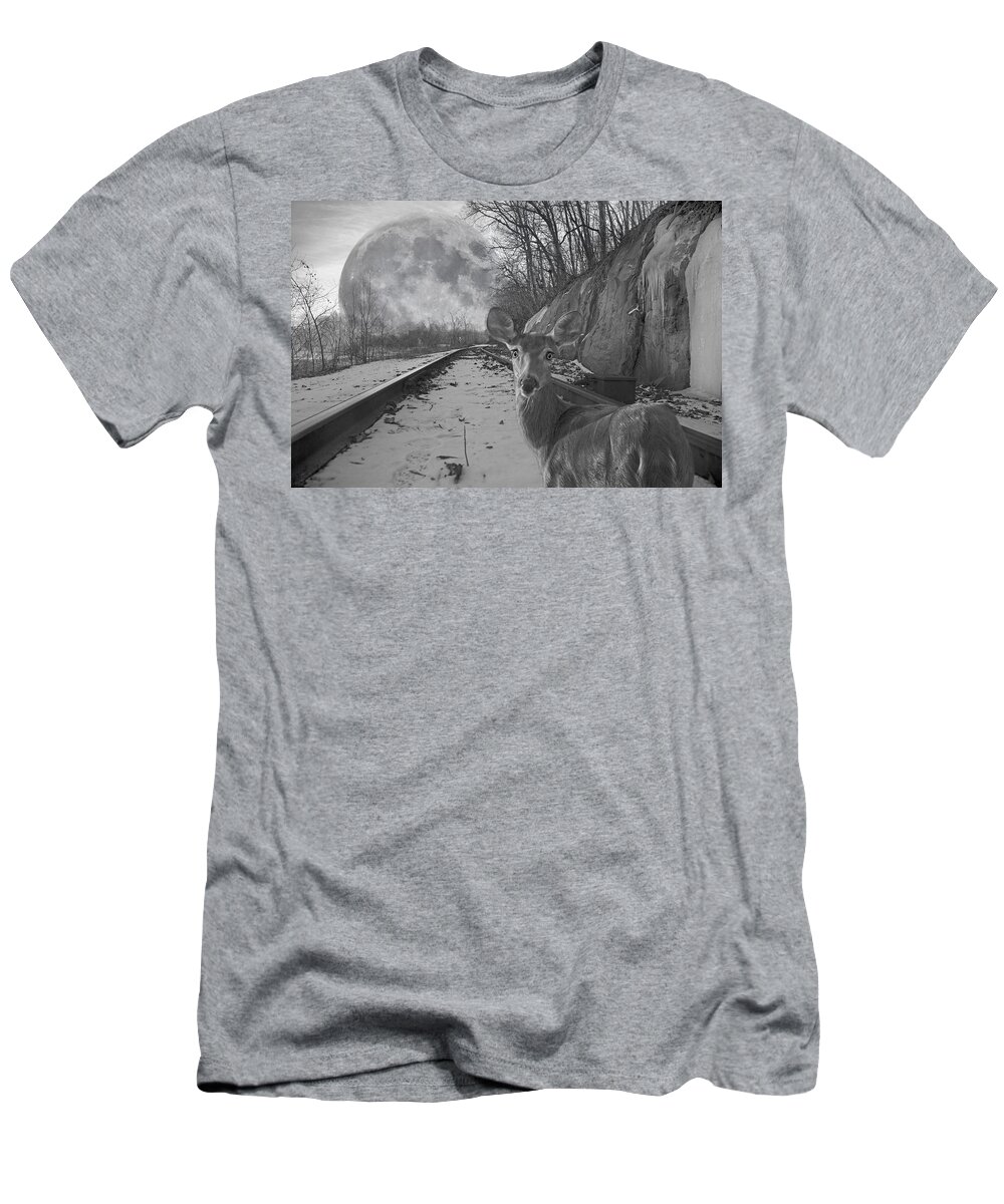 Train T-Shirt featuring the digital art Moonshine Deer Tracks by Betsy Knapp
