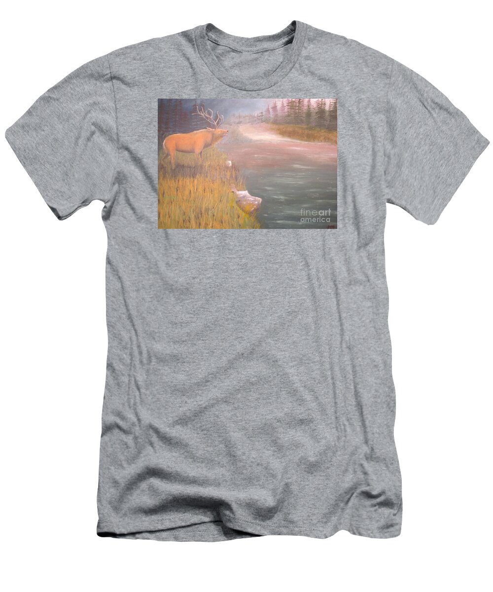 Elk T-Shirt featuring the painting Mountain Elk Original Oil Painting by Anthony Morretta