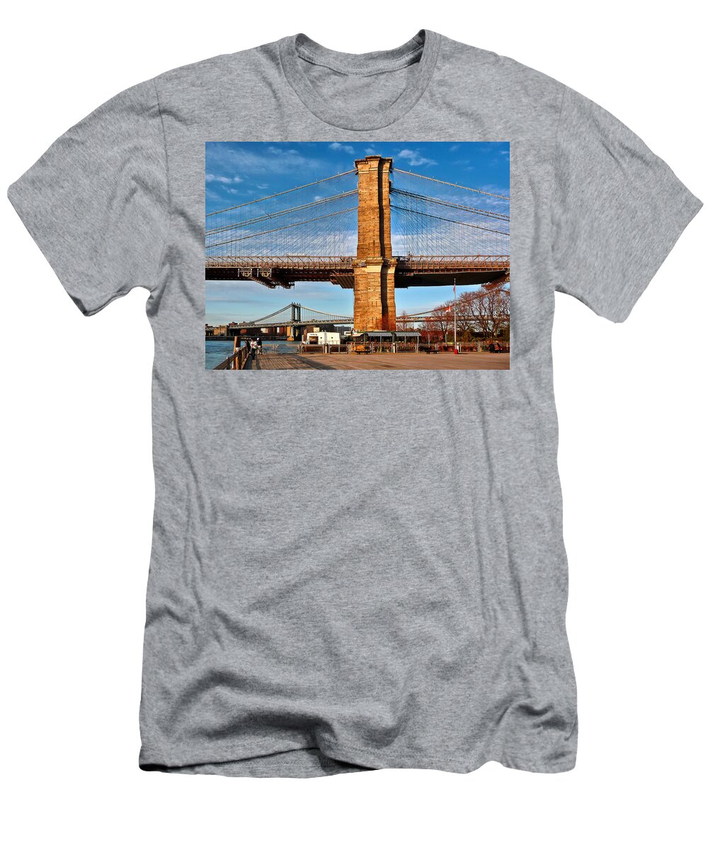 Amazing Brooklyn Bridge Photos T-Shirt featuring the photograph New York Bridges Lit by Golden Sunset by Mitchell R Grosky