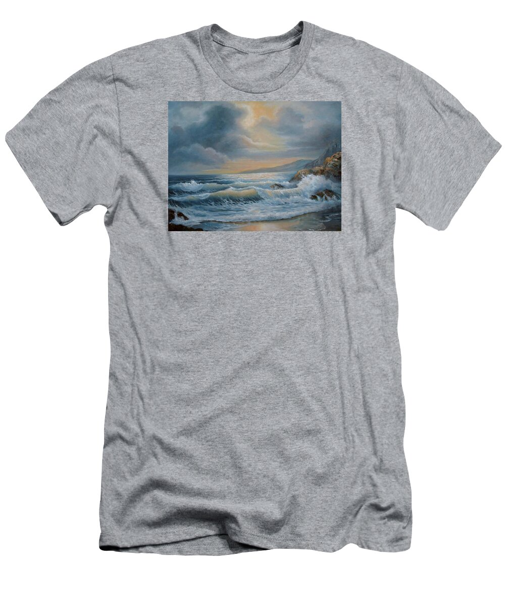 Ocean Oil Painting T-Shirt featuring the painting Ocean under the evening glow by Regina Femrite