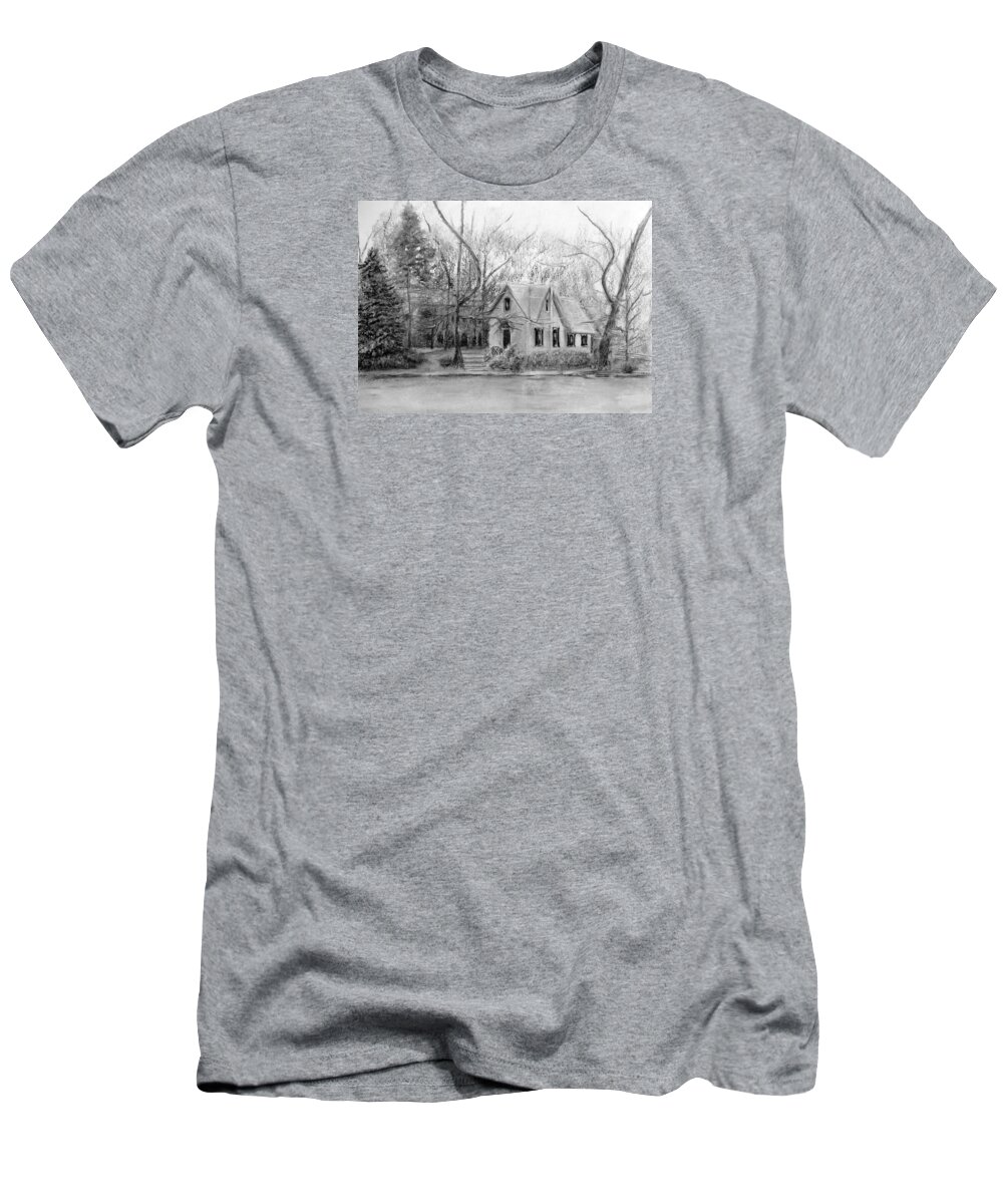 Library T-Shirt featuring the painting Old Library on Lake Afton - Winter by Loretta Luglio