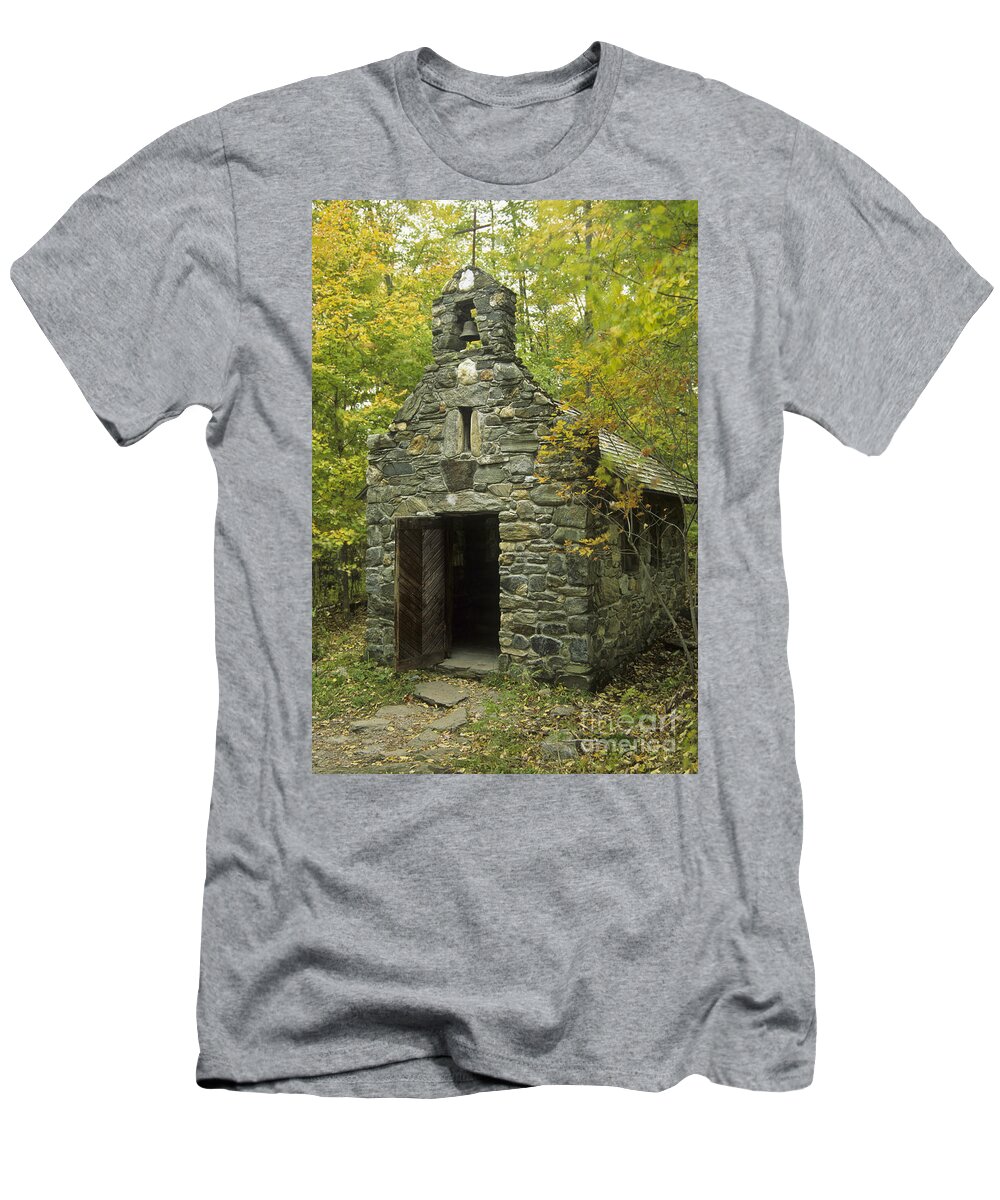 Village T-Shirt featuring the photograph Old Stone Chapel At Trapp Family Lodge by Ellen Thane