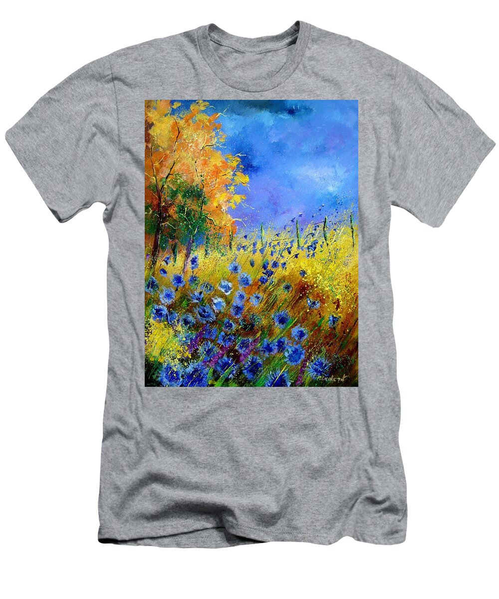 Poppies T-Shirt featuring the painting Orange tree and blue cornflowers by Pol Ledent