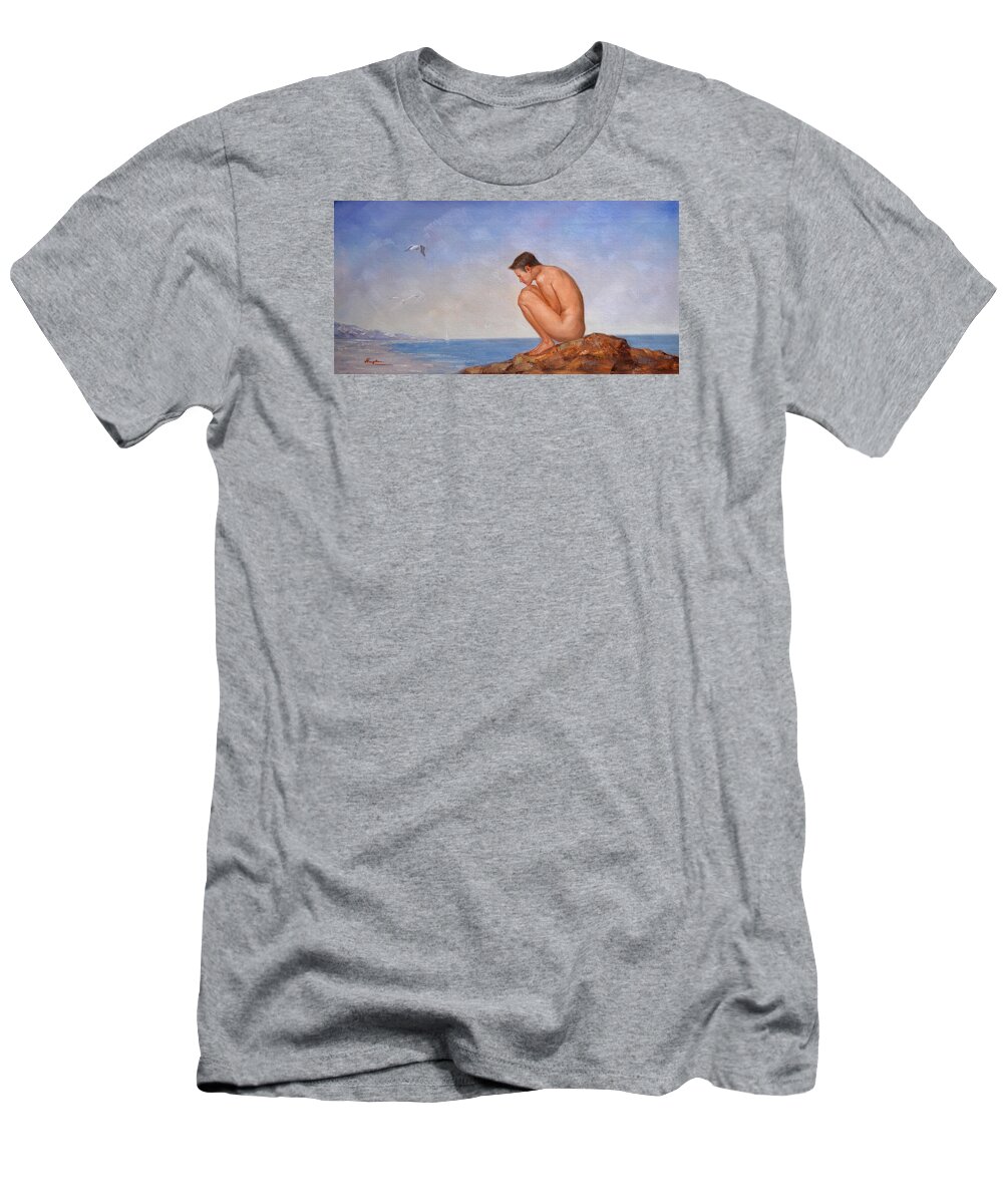 Original. Oil Painting Art T-Shirt featuring the painting Original classic oil painting man body art-male nude and sea gull #16-2-4-06 by Hongtao Huang