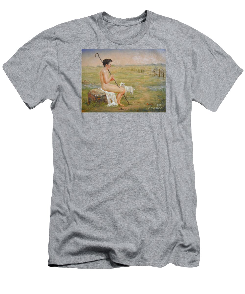 Original Oil Painting T-Shirt featuring the painting Original classic oil painting man body art-male nude#16-2-4-02 by Hongtao Huang