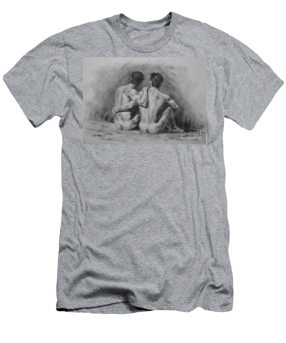 Original Art T-Shirt featuring the painting Original Drawing Sketch Charcoal Chalk Male Nude Gay Man Art Pencil On Paper By Hongtao by Hongtao Huang