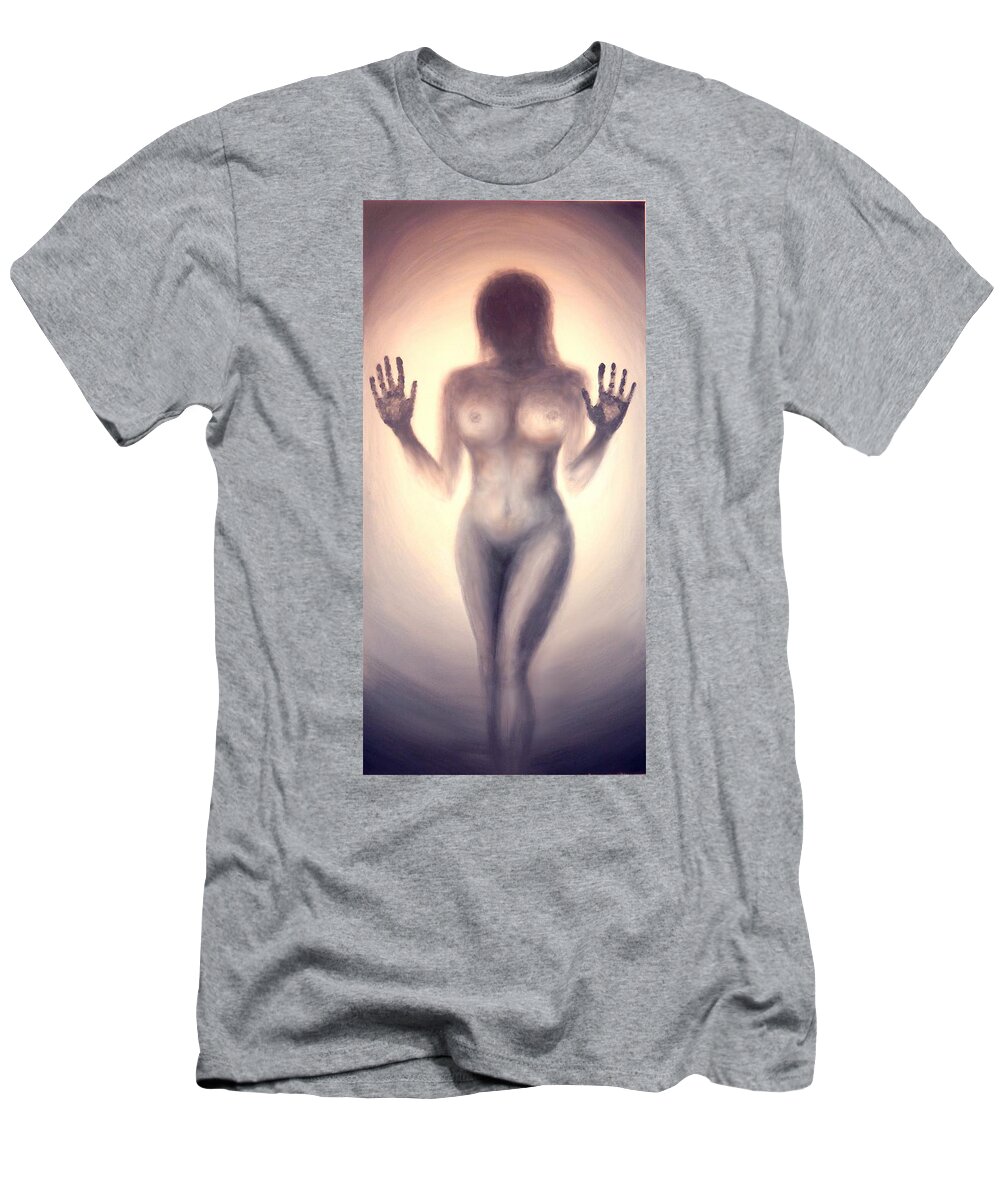 Original Art T-Shirt featuring the photograph Outsider series - Trapped behind the glass - in sepia by Lilia S