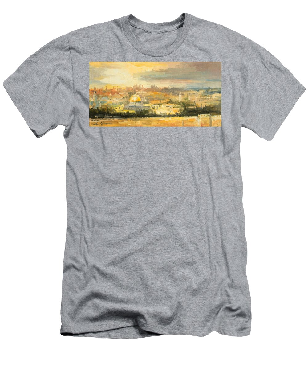 Jerusalem T-Shirt featuring the painting Panorama of Jerusalem by Luke Karcz