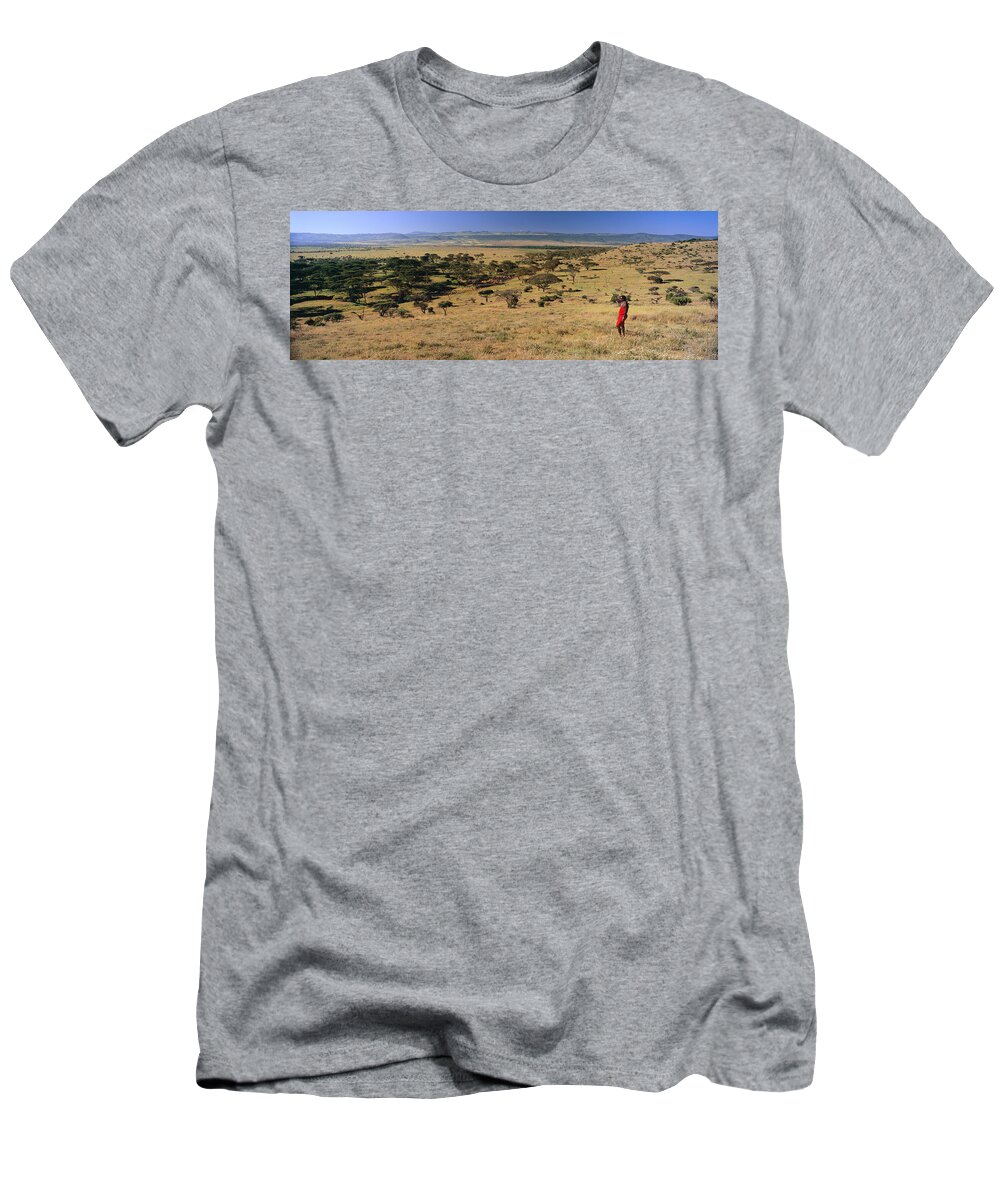 Photography T-Shirt featuring the photograph Panoramic View As Masai Warrior In Red by Panoramic Images