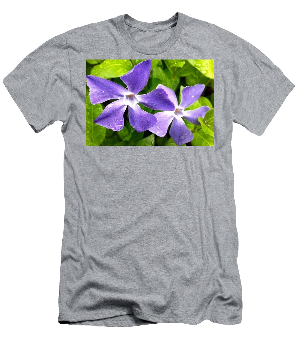 Periwinkle Blue Dew Flower T-Shirt featuring the photograph Periwinkle Blue Dew by Susan Garren