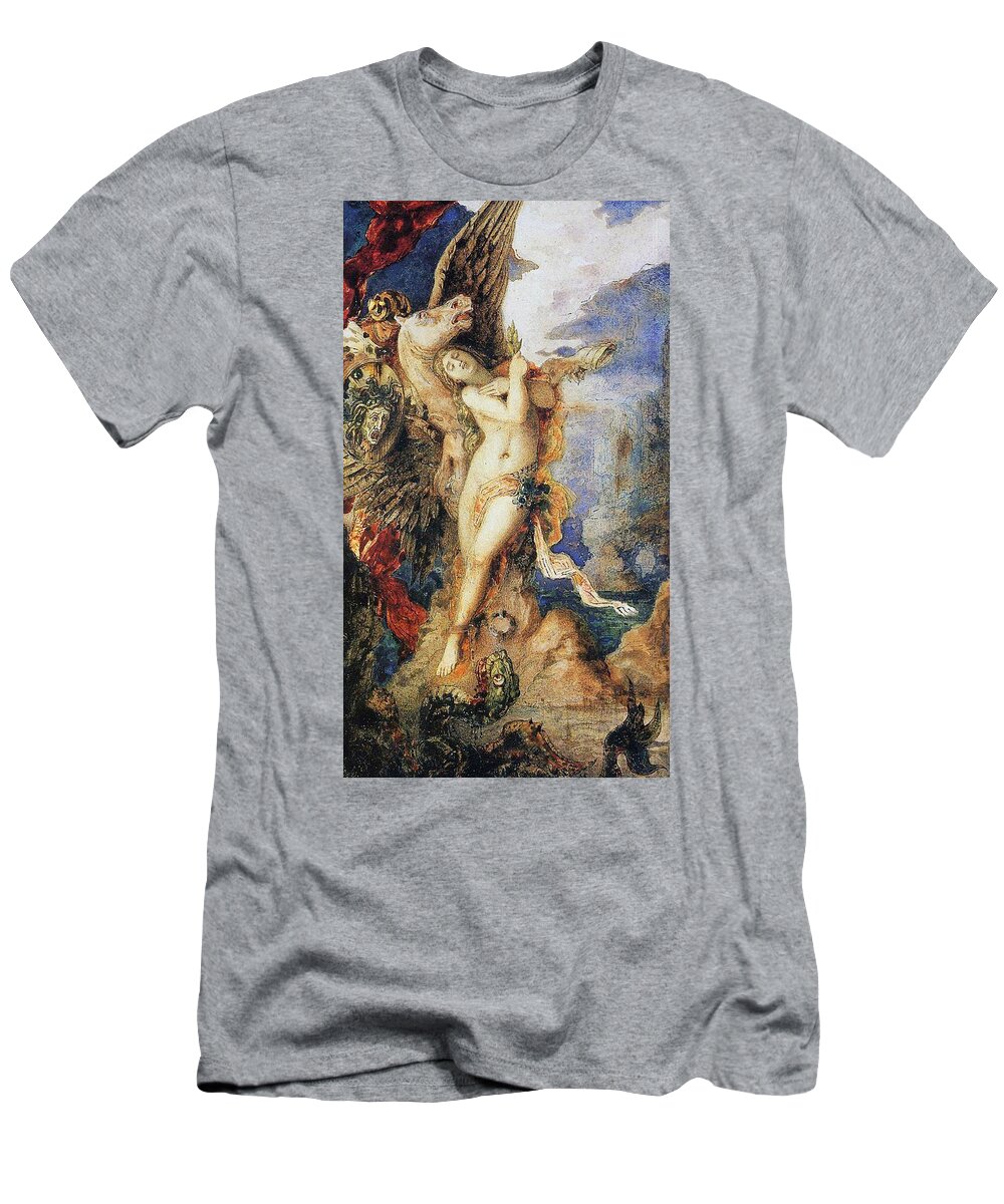Mythological; Mythology; Greek Myth; Female; Nude; Sacrifice; Chained; Tied; Rock; Sea Monster; Beast; Dragon; Serpent; Rescue; Rescuing; Saving; Male; Pegasus; Horse; Wings; Winged; Shield; Head; Gorgon; Medusa; Rocks; Rocky; Hero; Lovers T-Shirt featuring the painting Perseus and Andromeda by Gustave Moreau