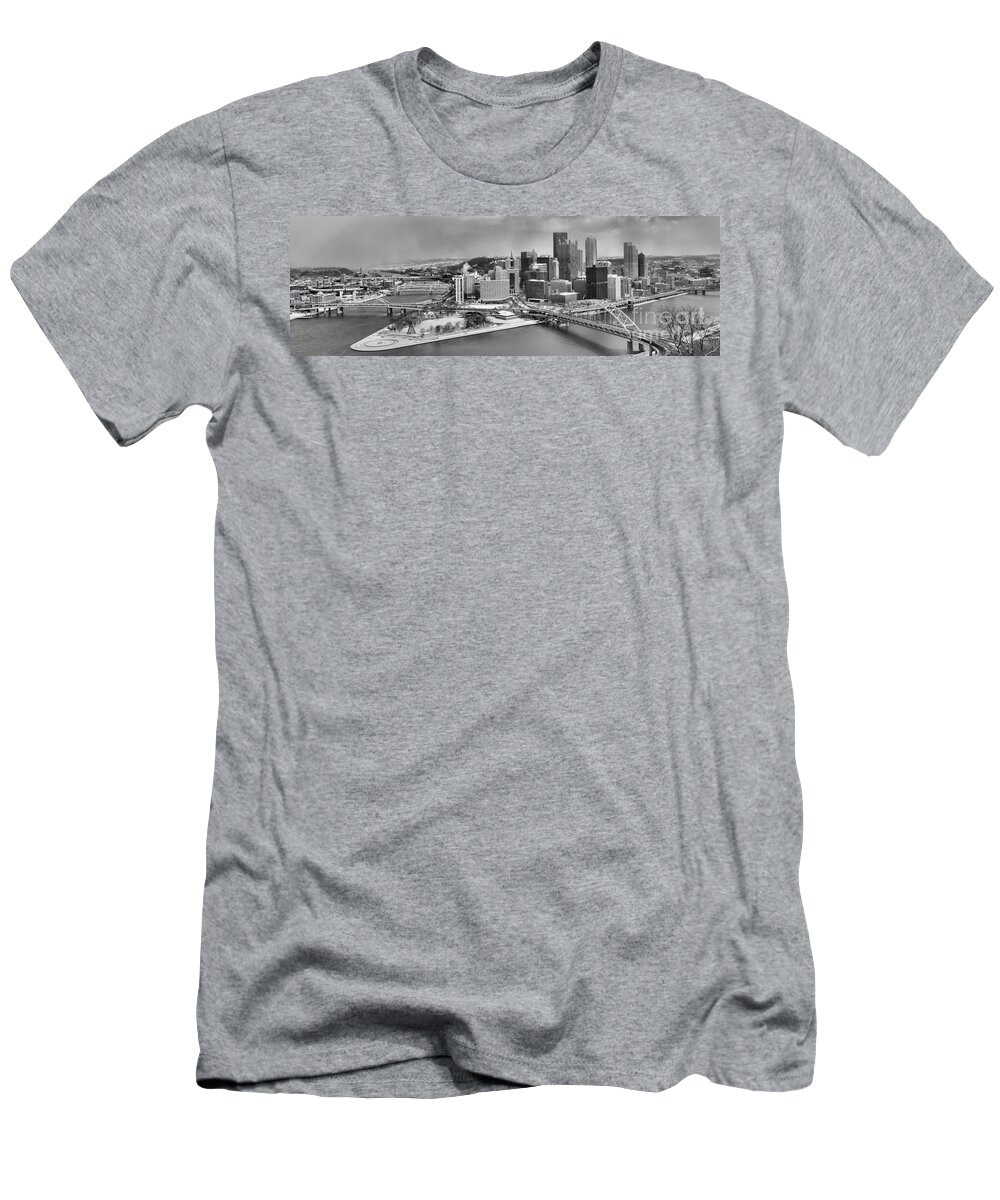 Black And White T-Shirt featuring the photograph Pittsburgh Black And White Winter Panorama by Adam Jewell