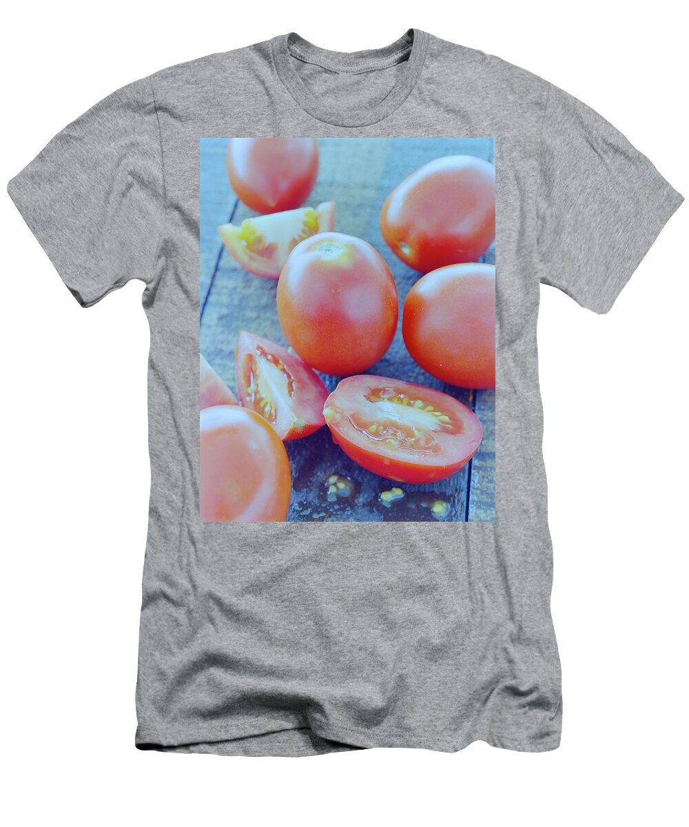 Fruits T-Shirt featuring the photograph Plum Tomatoes On A Wooden Board by Romulo Yanes