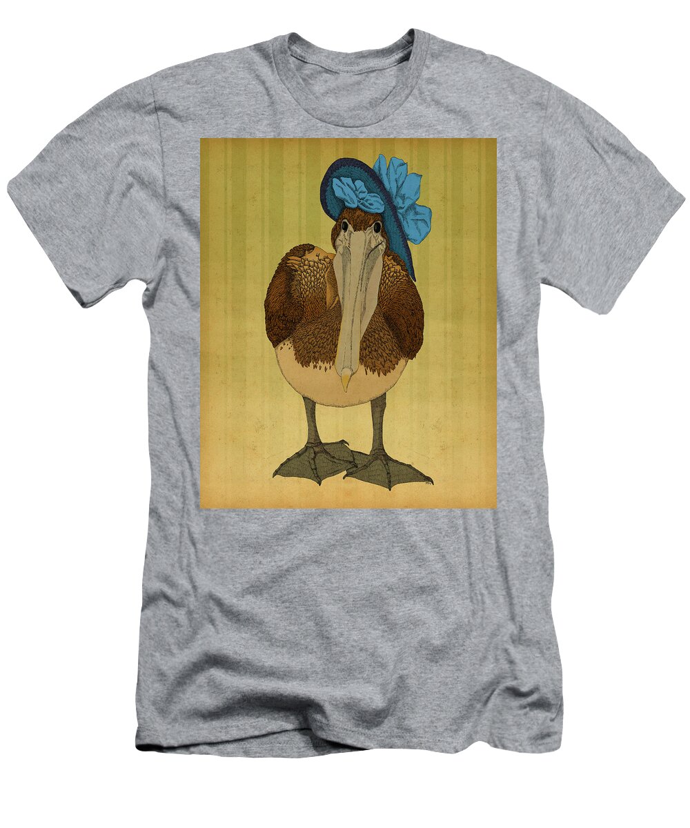 Pelican Hat Blue Victorian Bird T-Shirt featuring the drawing Plumpskin Ploshkin Pelican Jill by Meg Shearer
