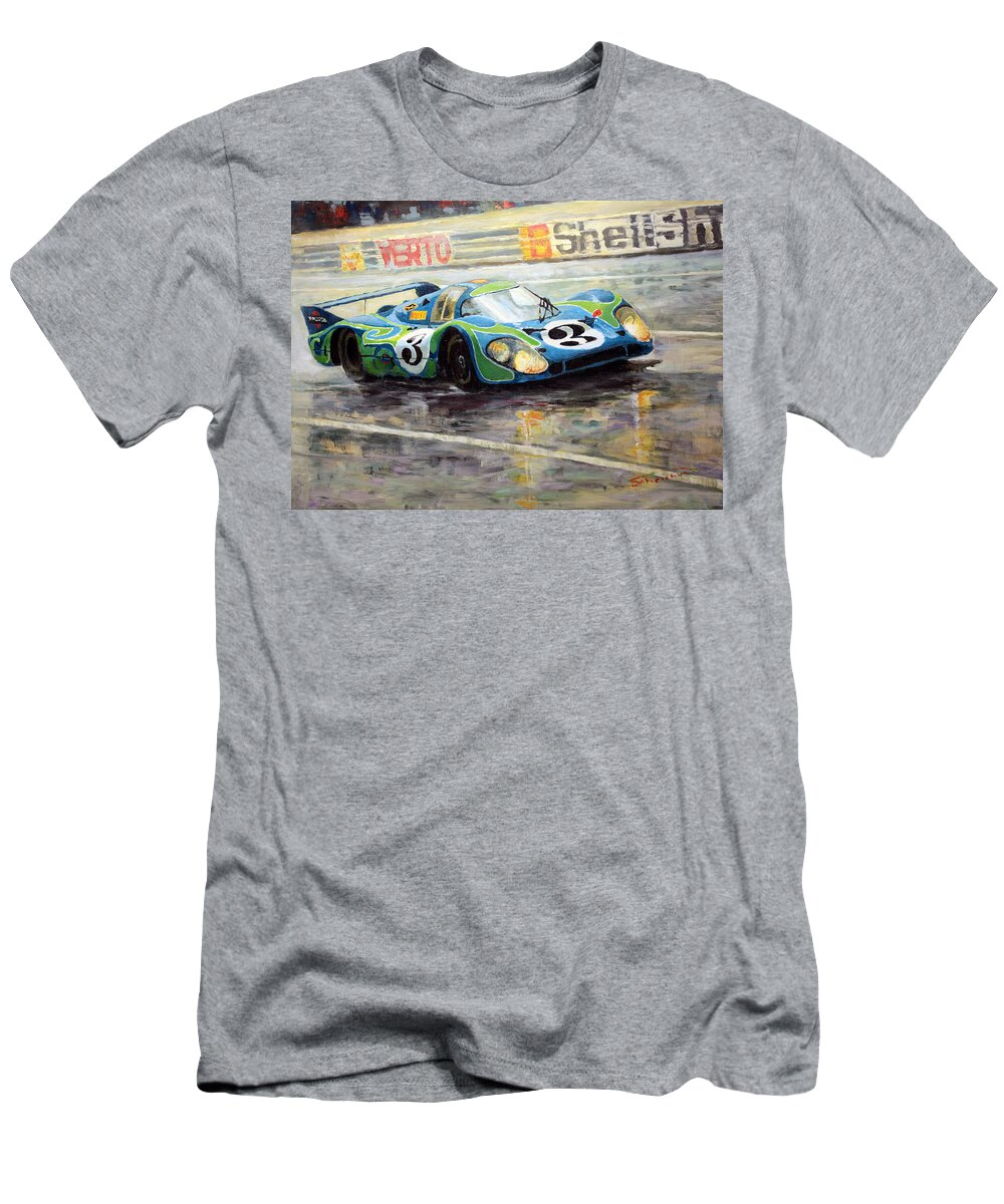 Acrylic On Canvas T-Shirt featuring the painting Porsche Psychedelic 917LH 1970 Le mans 24 by Yuriy Shevchuk