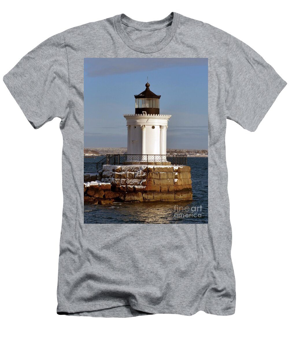 Portland T-Shirt featuring the photograph Portland Ledge Lighthouse Bug Light Winter High Tide by Christine Stack